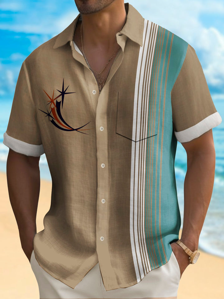 Alohadaddy Vintage Bowling Geometric Starburst Print Chest Pocket Shirt Plus Size Men&