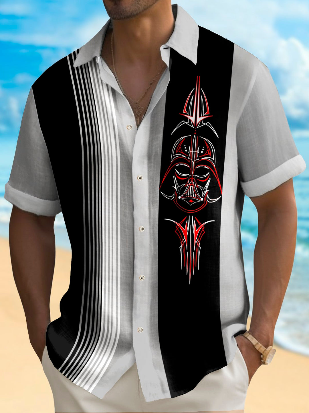 Alohadaddy Vintage Bowling Pinstripe Samurai Print Chest Pocket Shirt Plus Size Men&