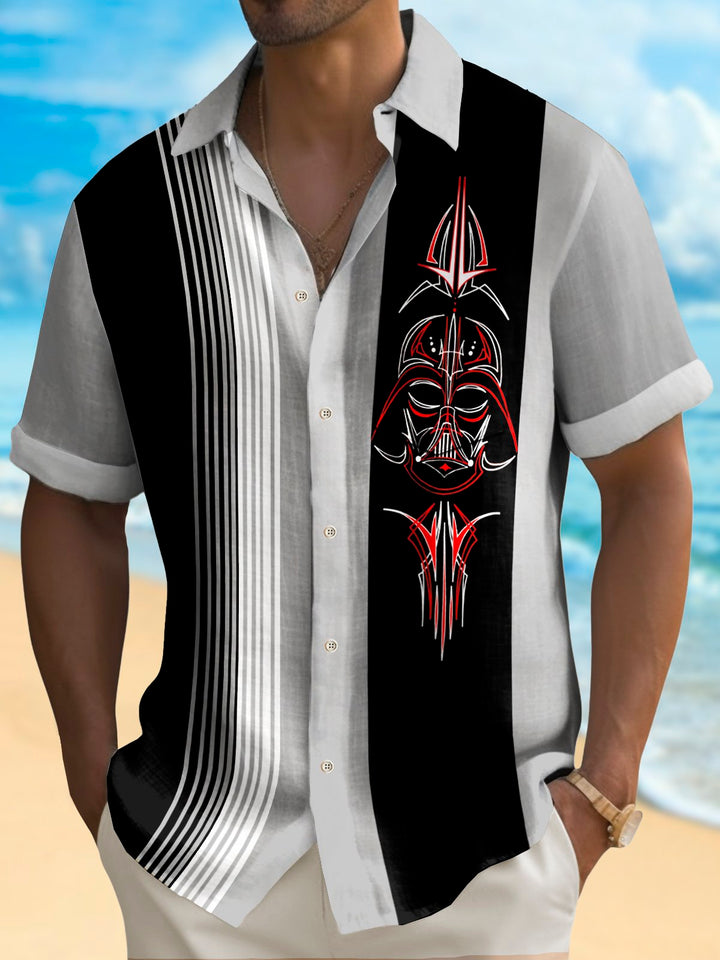 Alohadaddy Vintage Bowling Pinstripe Samurai Print Chest Pocket Shirt Plus Size Men&