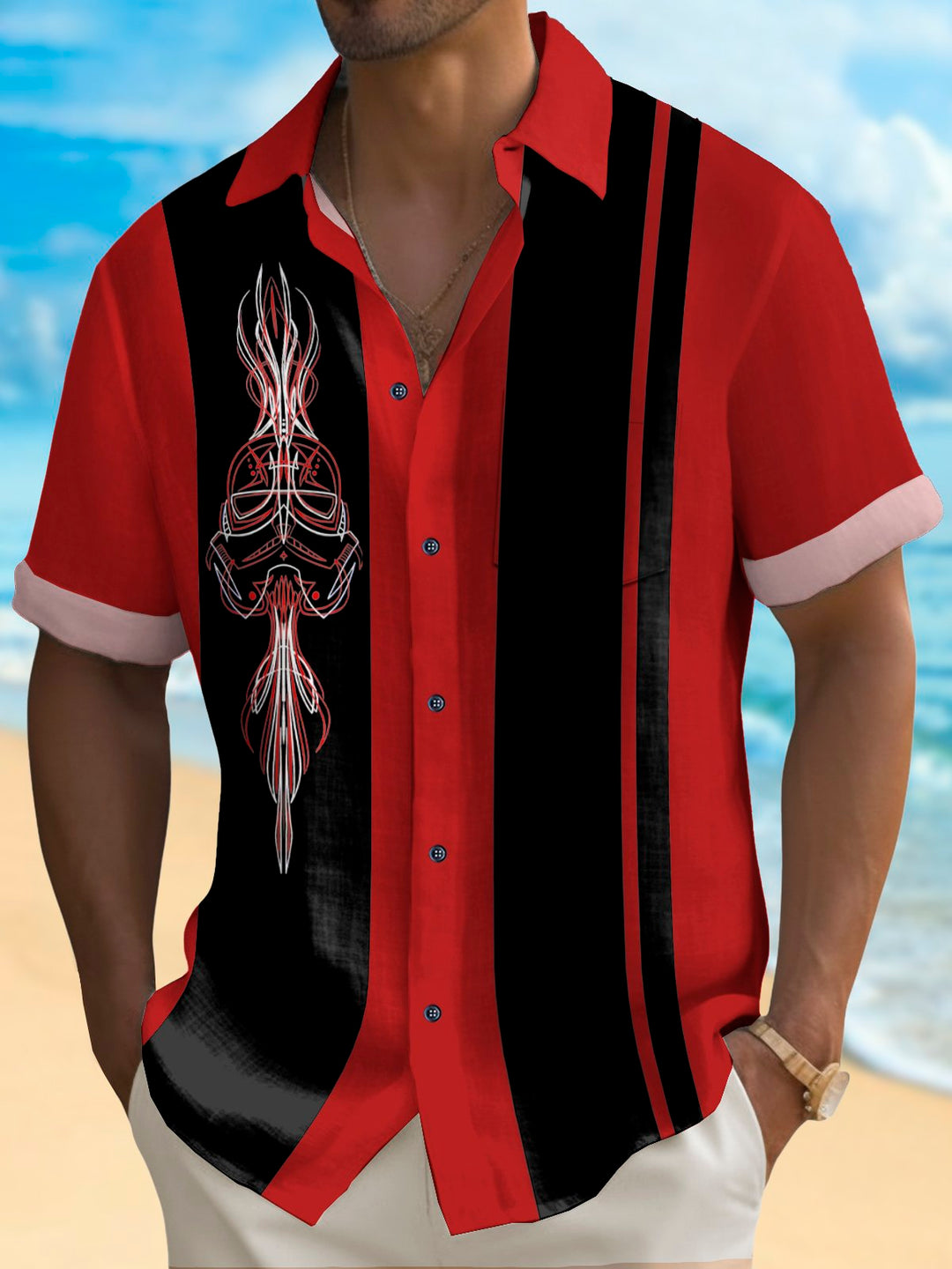Alohadaddy Vintage Bowling Pinstripe Samurai Print Chest Pocket Shirt Plus Size Men&