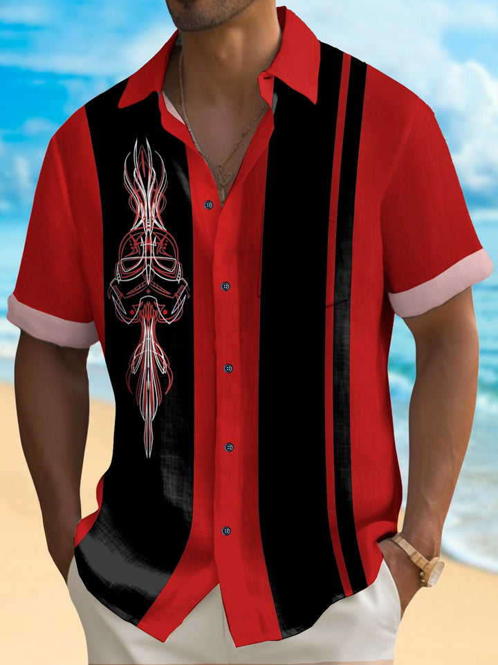 Alohadaddy Vintage Bowling Pinstripe Samurai Print Chest Pocket Shirt Plus Size Men&
