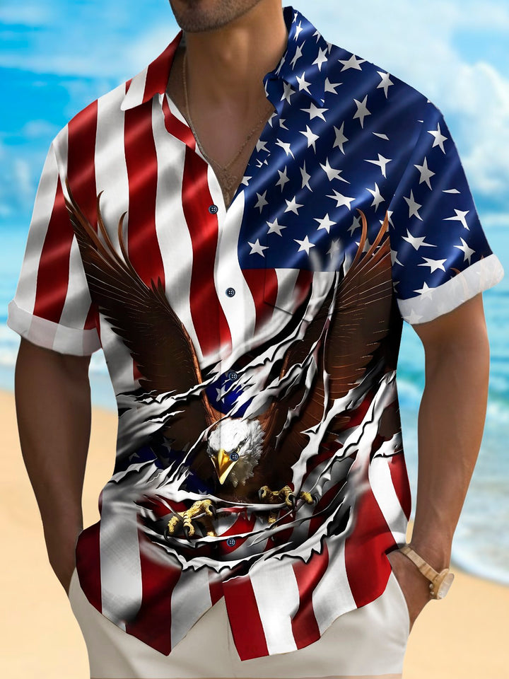 Camisa de manga corta transpirable informal con estampado de águila y bandera del Día de la Independencia para hombre de Alohadaddy Holiday, talla grande