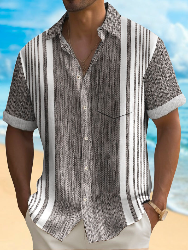 Alohadaddy Vintage Bowling Abstract Texture Line Print Chest Pocket Shirt Plus Size Men&