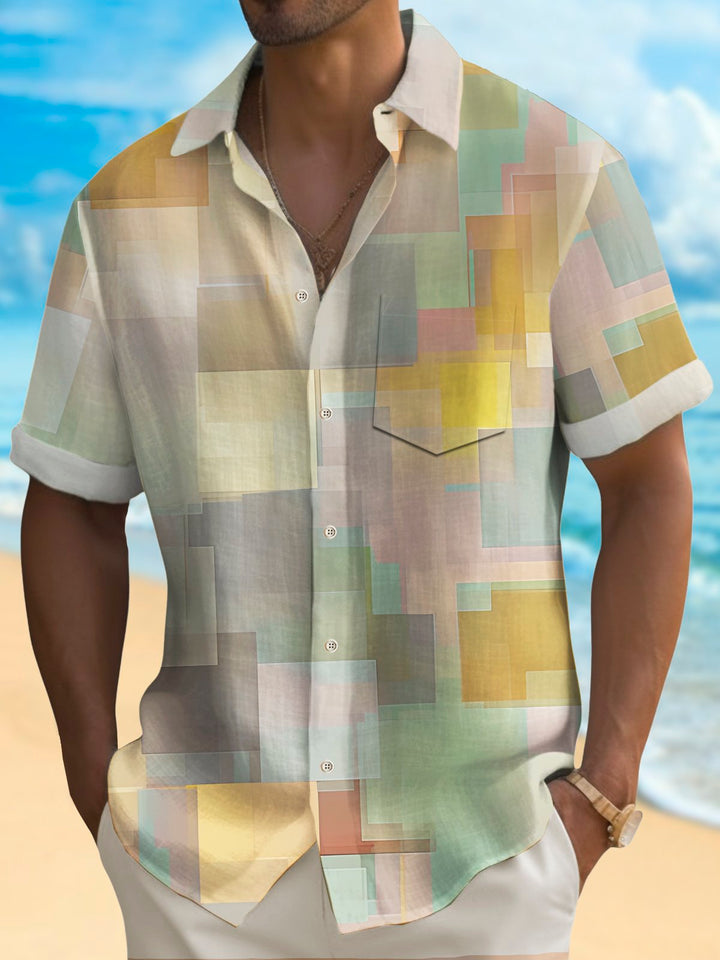 Alohadaddy Vintage Geometric Texture Print Chest Pocket Shirt Plus Size Men&