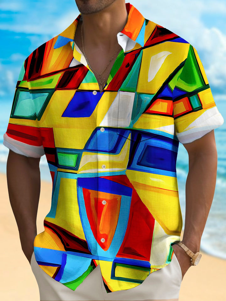 Alohadaddy Vintage Abstract Geometric Texture Print Chest Pocket Shirt Plus Size Men&