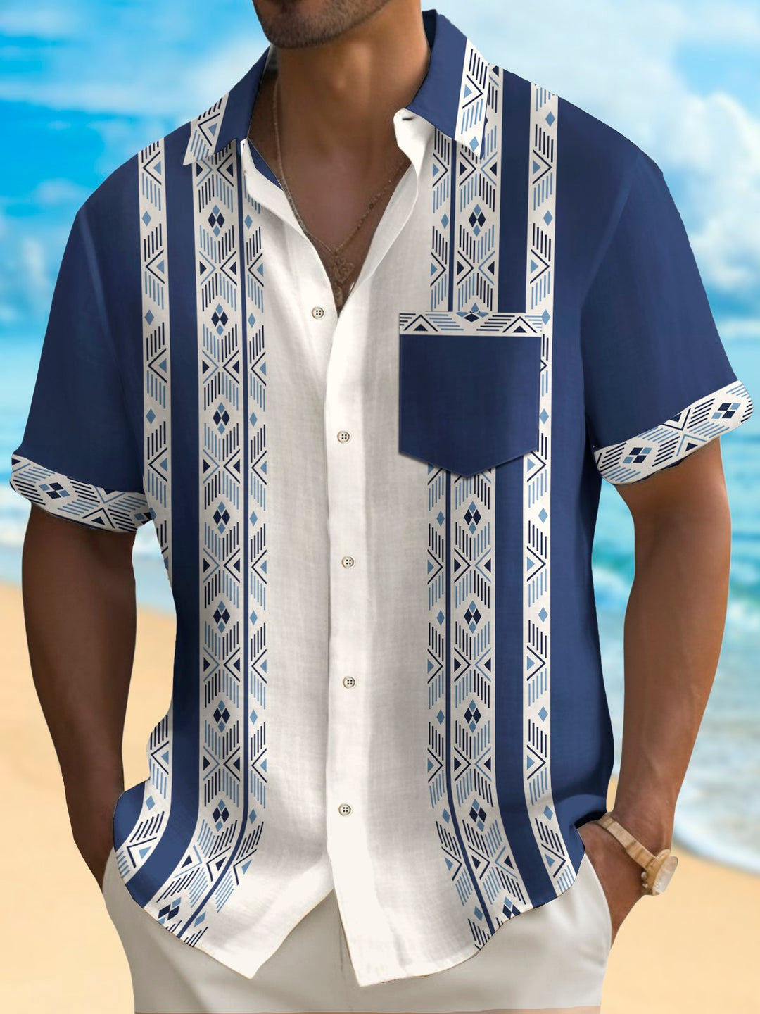 Alohadaddy Vintage Bowling Ethnic Pattern Stripe Print Chest Pocket Shirt Plus Size Men&