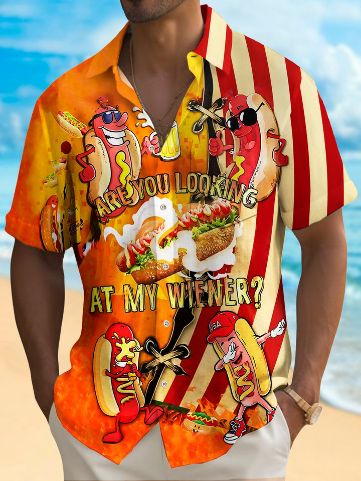 Camisa de manga corta transpirable informal con estampado de perro caliente y bandera del Día de la Independencia para hombre de Alohadaddy Holiday, talla grande