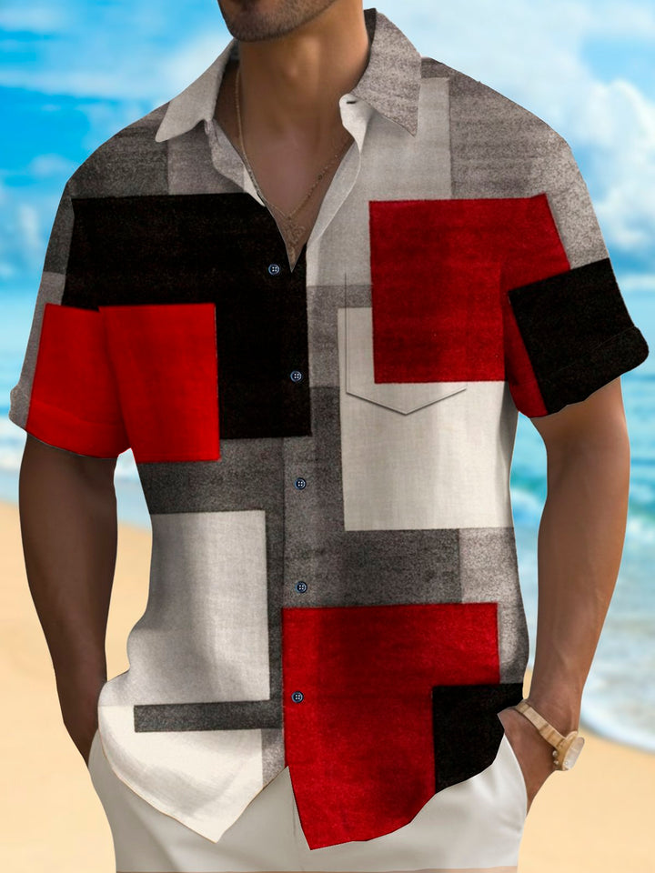 Alohadaddy Vintage Geometric Art Print Chest Pocket Shirt Plus Size Men&