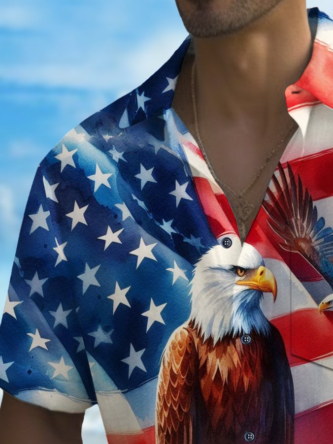 Camisa de manga corta transpirable informal con estampado de águila y bandera del Día de la Independencia para hombre de Alohadaddy Holiday, talla grande