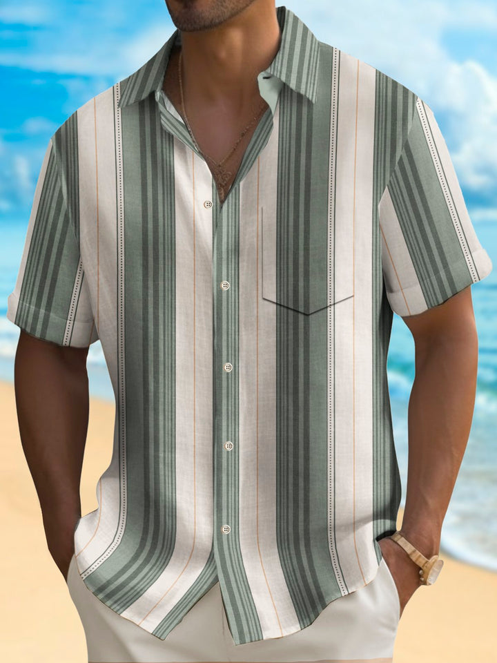 Alohadaddy Vintage Striped Print Chest Pocket Shirt Plus Size Men&