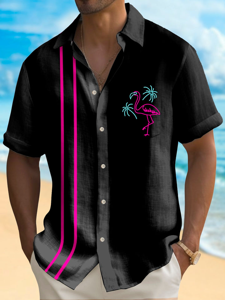 Alohadaddy Vintage Bowling Flamingo Line Print Chest Pocket Shirt Large Size Men&