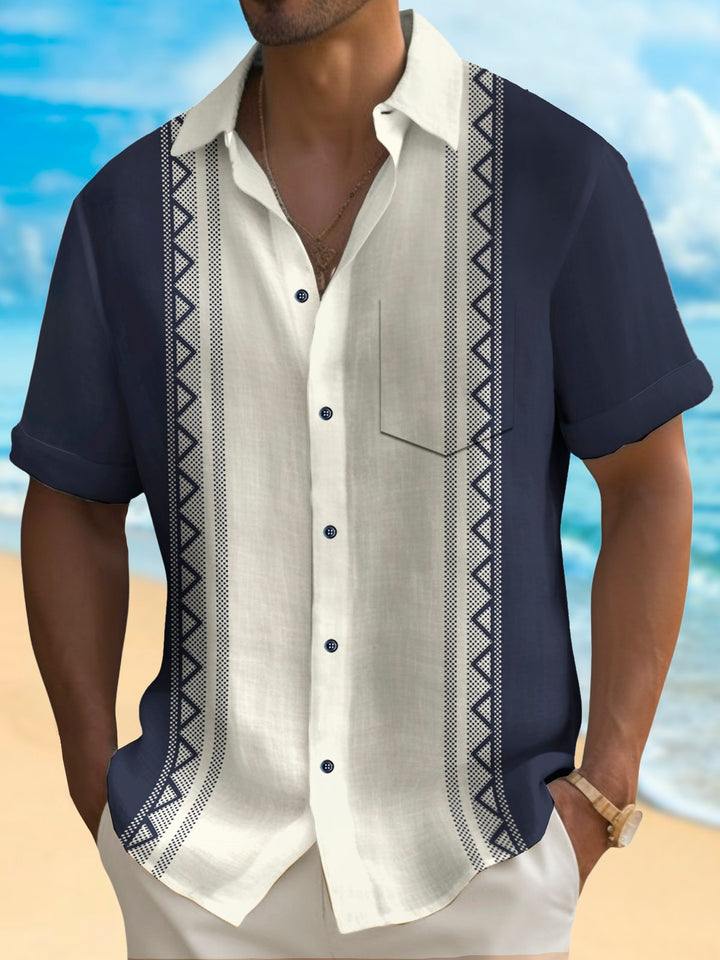 Alohadaddy Vintage Bowling Abstract Stripe Print Chest Pocket Shirt Plus Size Men&