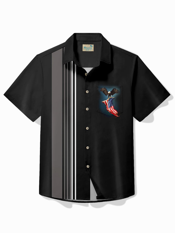 Alohadaddy Vintage Bowling American Flag Eagle Print Chest Pocket Shirt Plus Size Men&