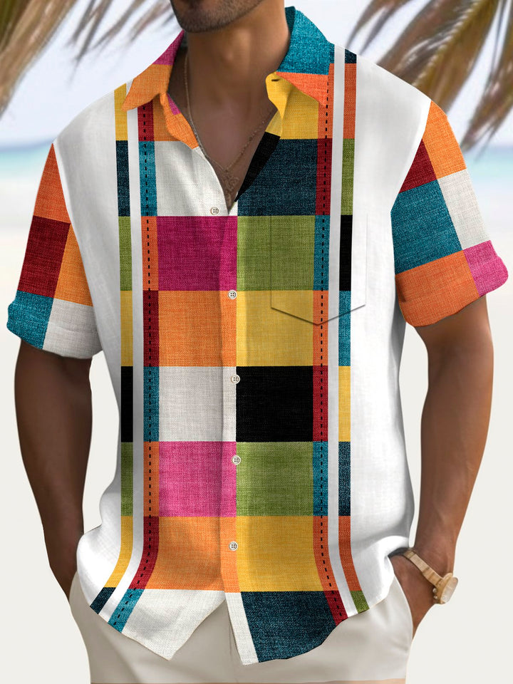 Alohadaddy Vintage Bowling Geometric Print Chest Pocket Shirt Plus Size Men&