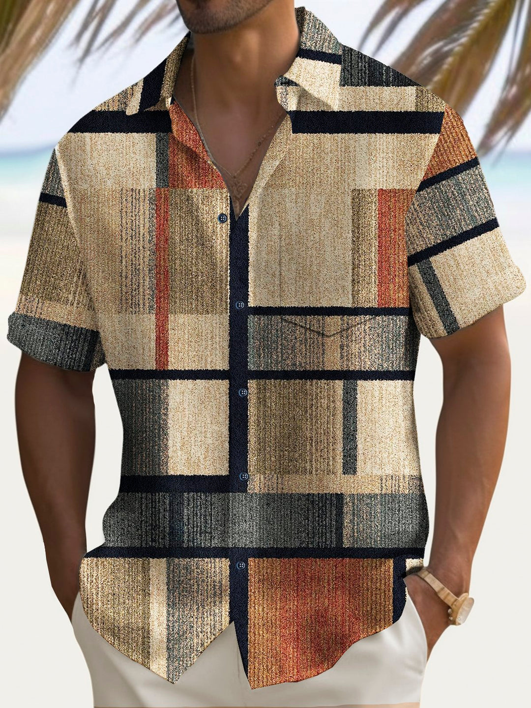 Alohadaddy Vintage Geometric Print Chest Pocket Shirt Plus Size Men&