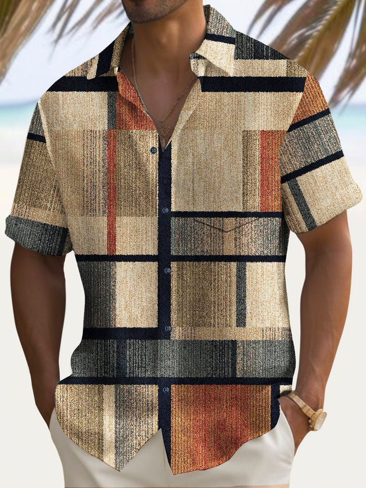 Alohadaddy Vintage Geometric Print Chest Pocket Shirt Plus Size Men&