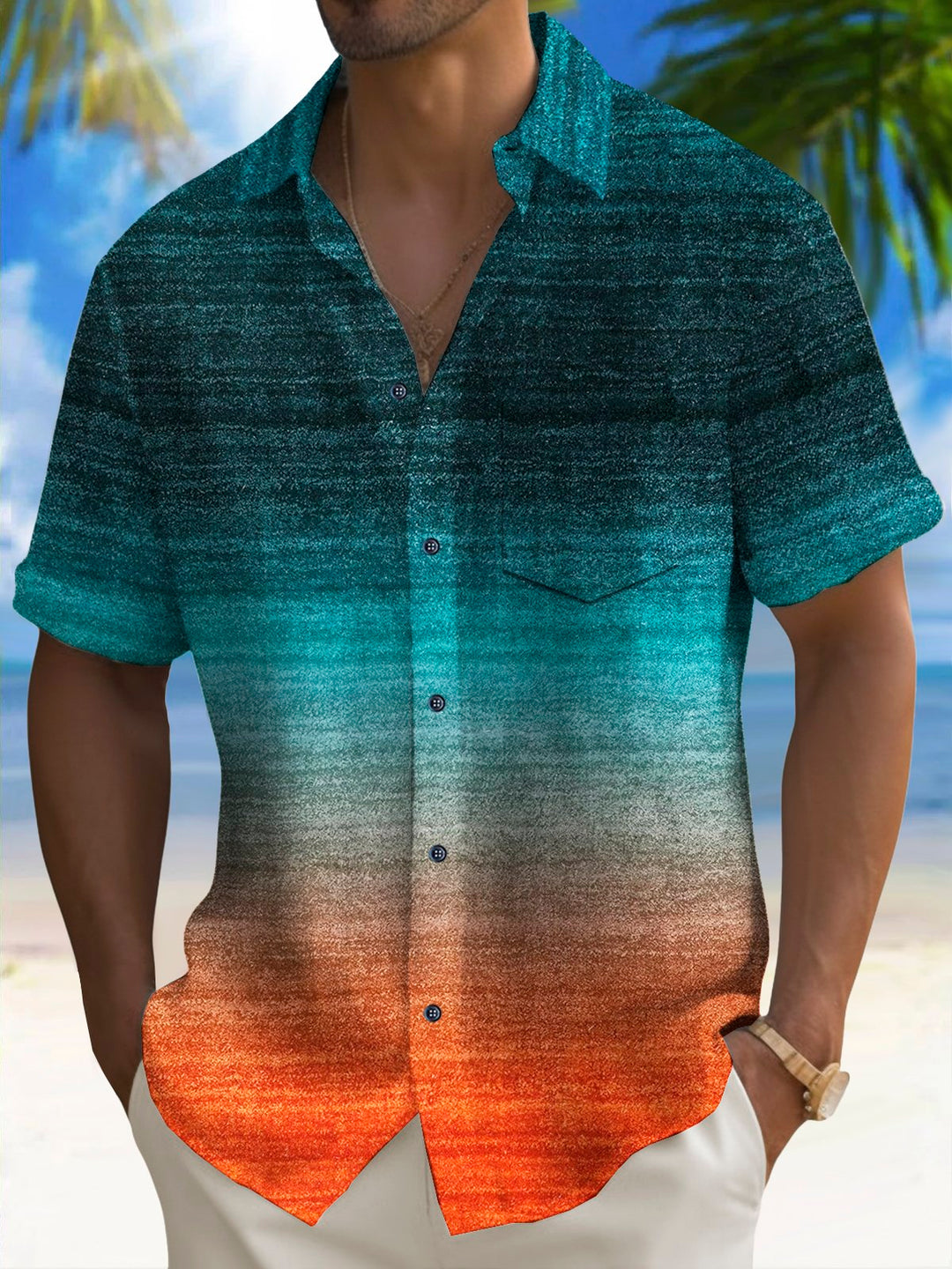 Alohadaddy Vintage Gradient Texture Print Chest Pocket Shirt Large Size Men&