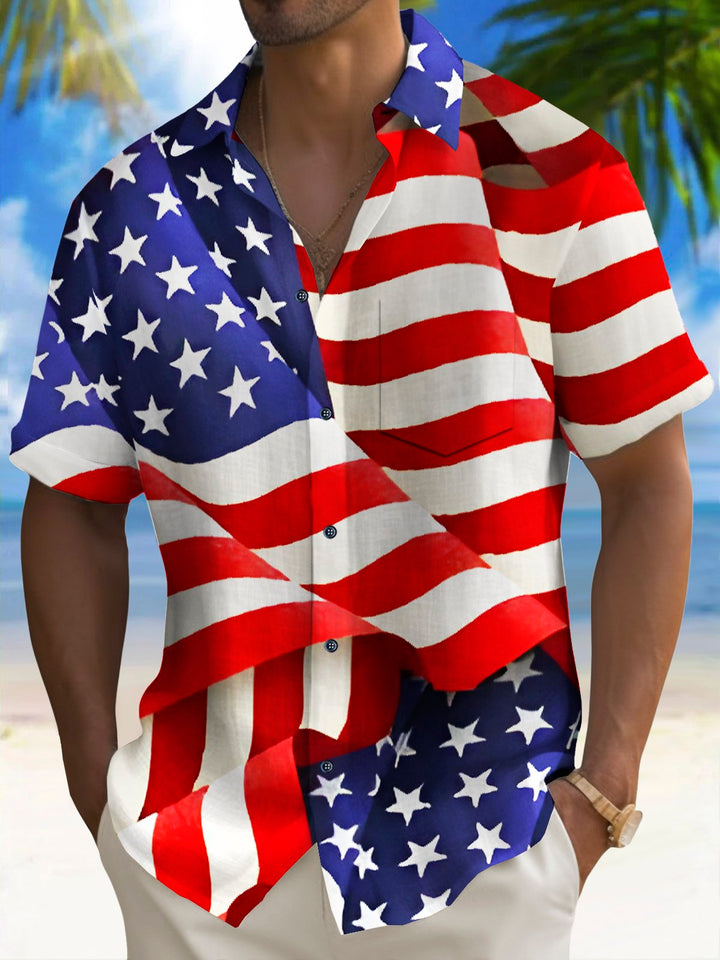Camisa de manga corta transpirable informal con estampado de bandera del Día de la Independencia para hombre de Alohadaddy Holiday, talla grande
