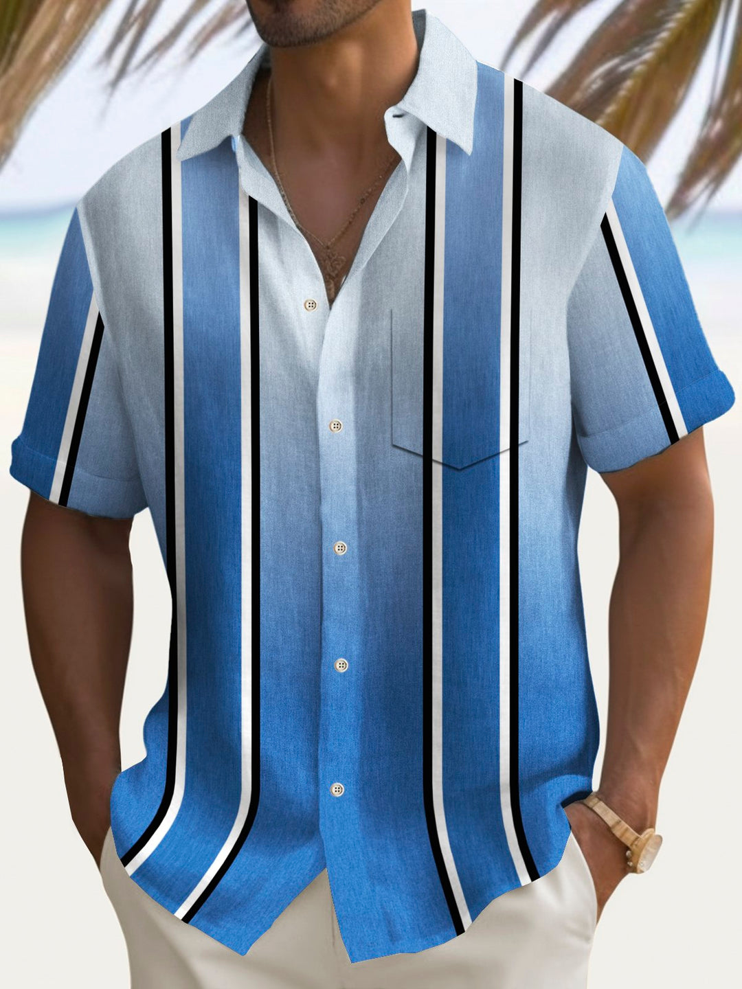 Alohadaddy Vintage Bowling Stripe Gradient Print Chest Pocket Shirt Plus Size Men&