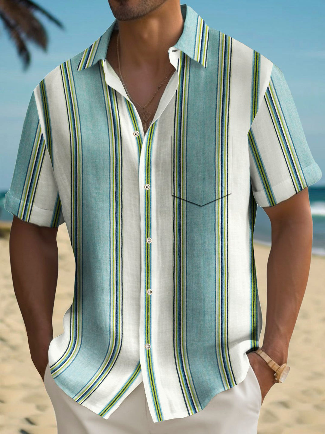 Camisa de hombre de manga larga con bolsillo en el pecho y estampado de rayas estilo bolos vintage de Alohadaddy