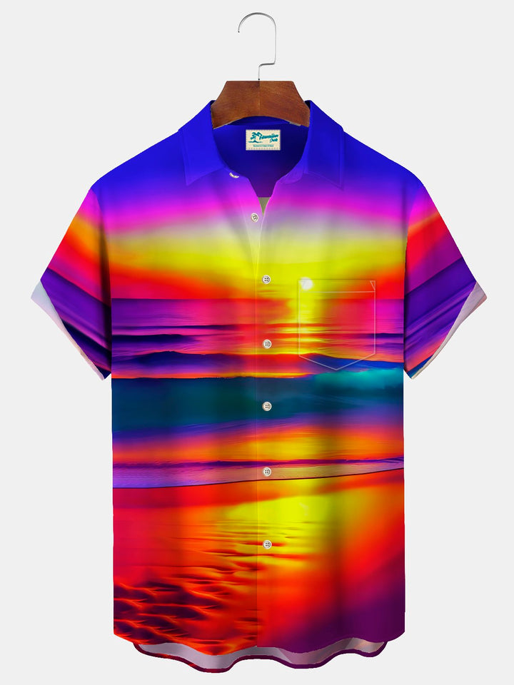 Chemise hawaïenne pour homme Alohadaddy Beach Vacation, chemise de camping à poche avec imprimé Sunset Beach, grande taille