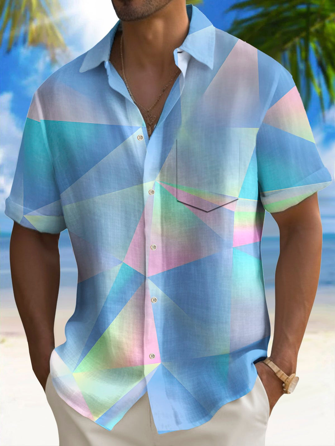 Chemise haute pour homme à imprimé géométrique dégradé vintage Alohadaddy avec poche poitrine