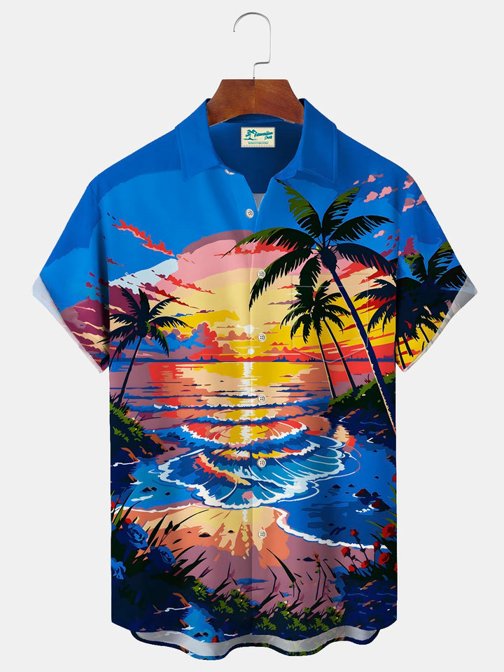 Camisa hawaiana de vacaciones en la playa Alohadaddy para hombre, camisa de camping con bolsillo y estampado de árboles de coco y puesta de sol en la playa, talla grande