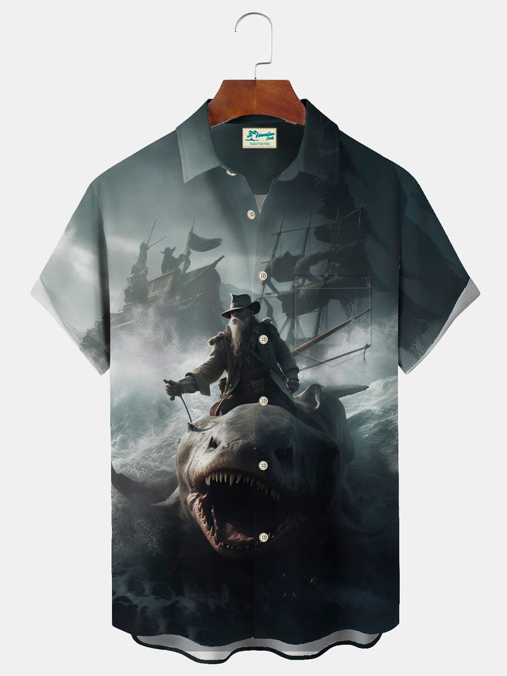 Camisa hawaiana para hombre Alohadaddy Beach Vacation con estampado pirata y bolsillo para acampar, talla grande
