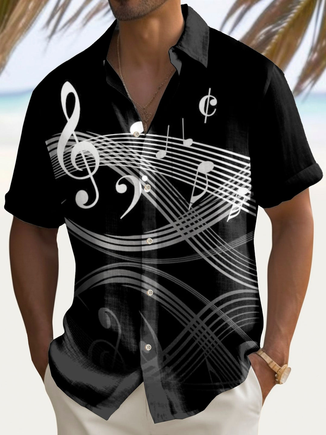 Camisa hawaiana con estampado de notas musicales y bolsillo para acampar para hombre de Alohadaddy Beach Vacation, talla grande