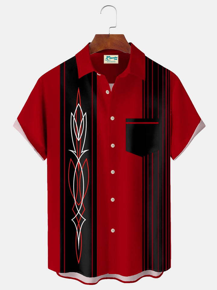 Alohadaddy Vintage Pinstripe Bowling Print Chest Pocket Shirt Plus Size Men&