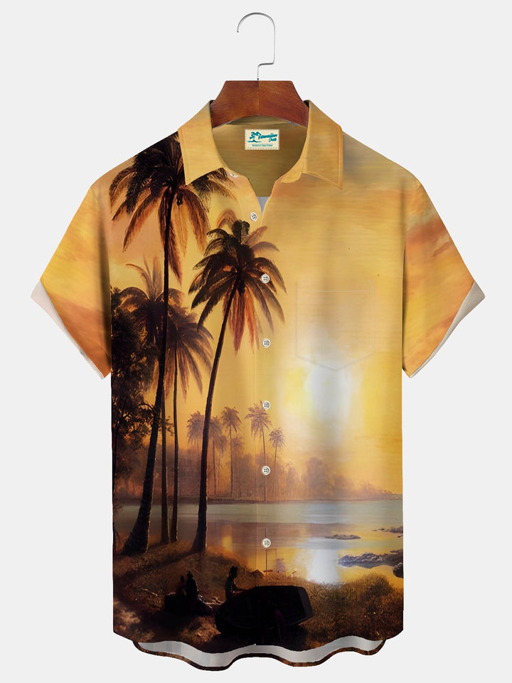 Camisa hawaiana de vacaciones en la playa Alohadaddy para hombre, camisa de camping con bolsillo y estampado de árboles de coco y puesta de sol en la playa, talla grande