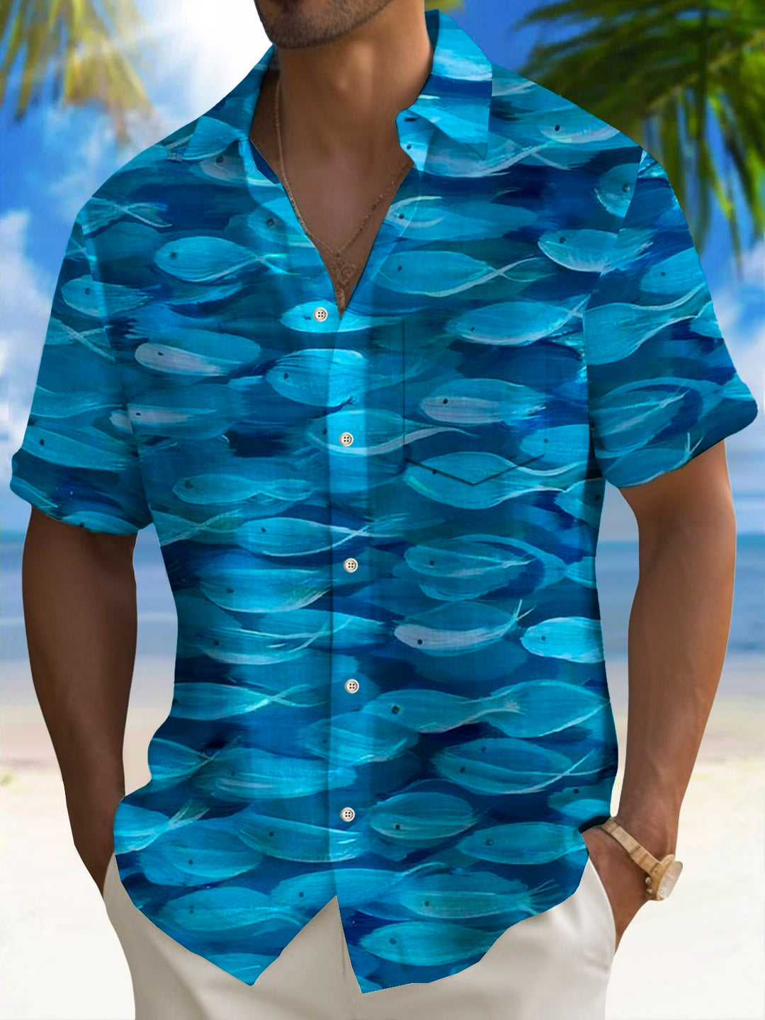 Camisa hawaiana con estampado de peces y bolsillo para acampar para hombre de Alohadaddy Beach Vacation, talla grande