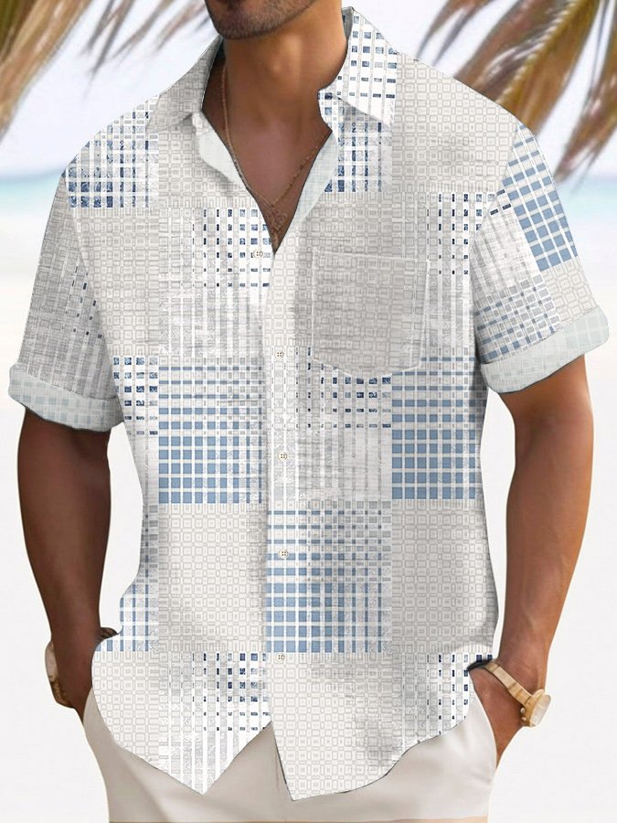 Alohadaddy Vintage Geometric Texture Print Chest Pocket Men&