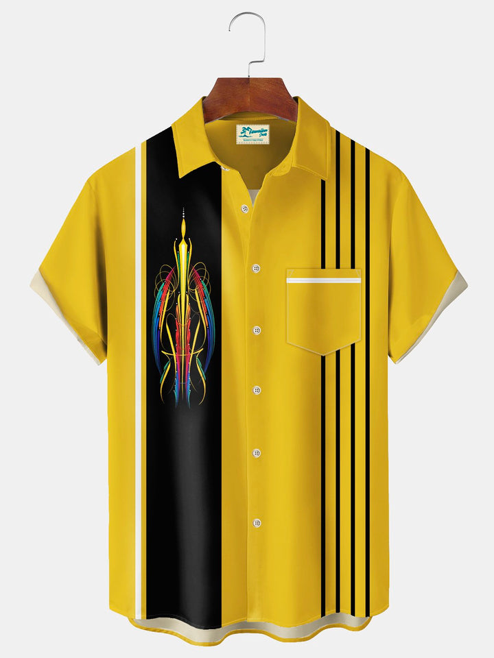 Alohadaddy Vintage Pinstripe Bowling Print Chest Pocket Shirt Plus Size Men&