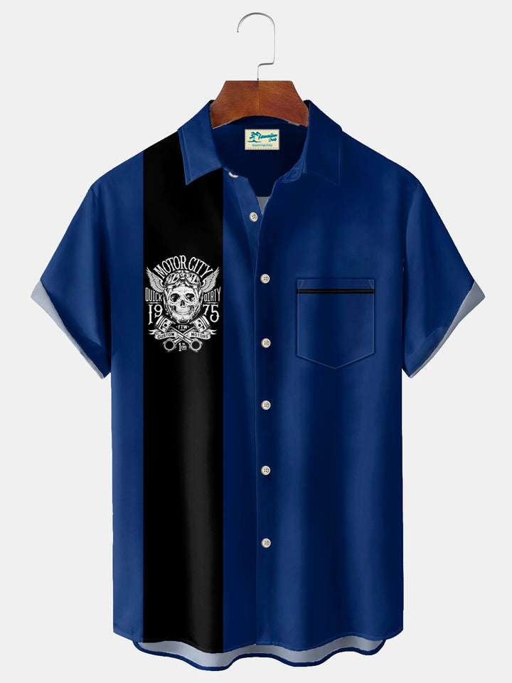Camisa alta para hombre Alohadaddy con bolsillo en el pecho y estampado de calaveras y coches de bolos vintage