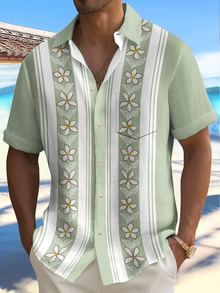 Alohadaddy Vintage Bowling Floral Stripe Print Chest Pocket Men&