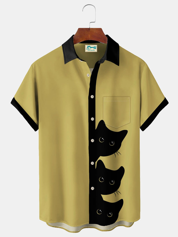 Alohadaddy Vintage Cat Print Chest Pocket Men&