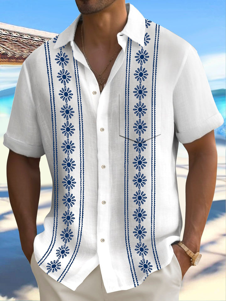 Alohadaddy Vintage Bowling Ethnic Floral Stripe Print Chest Pocket Men&
