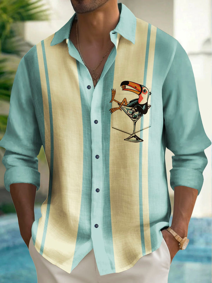 Alohadaddy Vintage Bowling Toucan Cocktail Print Chest Pocket Shirt Plus Size Men&