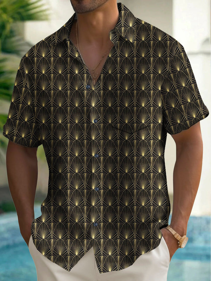 Camisa de hombre Alohadaddy vintage con estampado geométrico en dorado y negro y bolsillo en el pecho, talla grande
