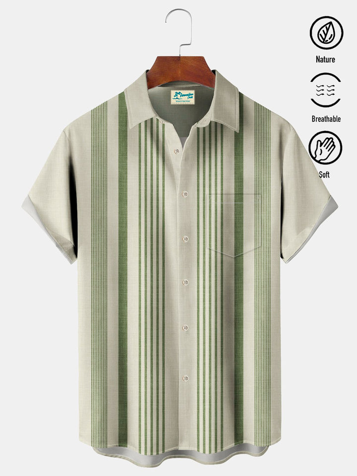 Camisa de hombre de manga larga con bolsillo en el pecho y estampado de rayas estilo bolos vintage de Alohadaddy