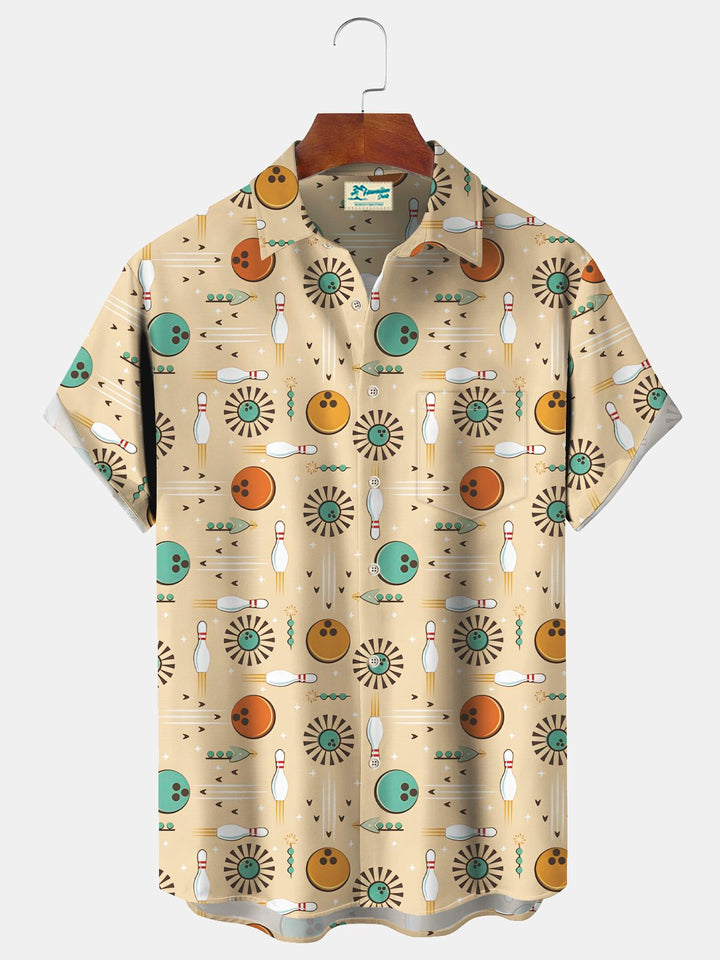 Alohadaddy Vintage Geometric Bowling Print Chest Pocket Men&