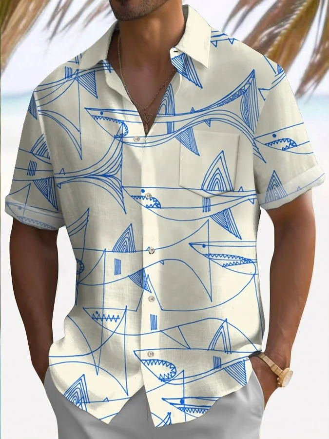 Camisa de cuello alto con bolsillo en el pecho y estampado de rayas de peces vintage para hombre de Alohadaddy, talla grande