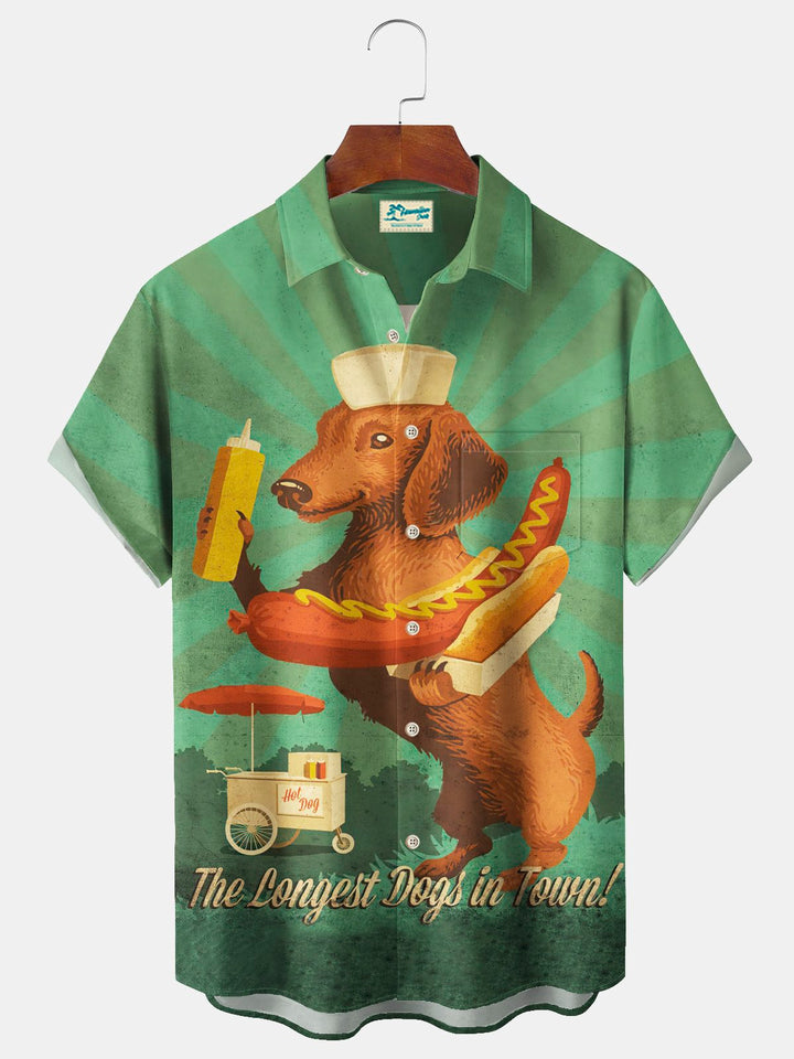 Camisa alta para hombre con bolsillo en el pecho y estampado artístico de hot dog vintage de Alohadaddy