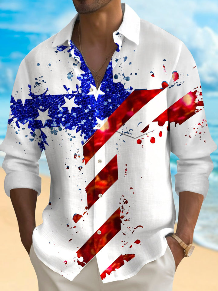 Alohadaddy Vintage Flag Cross Print Chest Pocket Shirt Plus Size Men&