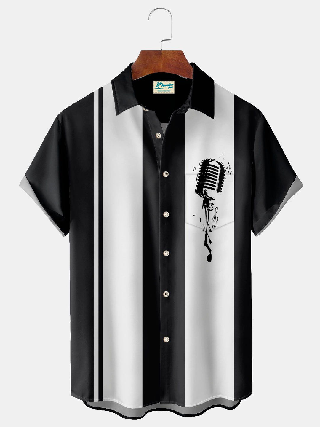 Alohadaddy Vintage Bowling Music Microphone Print Chest Pocket Shirt Plus Size Men&