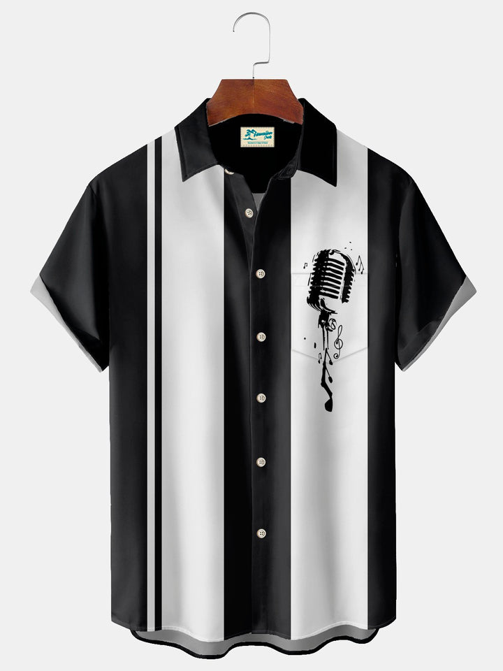 Alohadaddy Vintage Bowling Music Microphone Print Chest Pocket Shirt Plus Size Men&