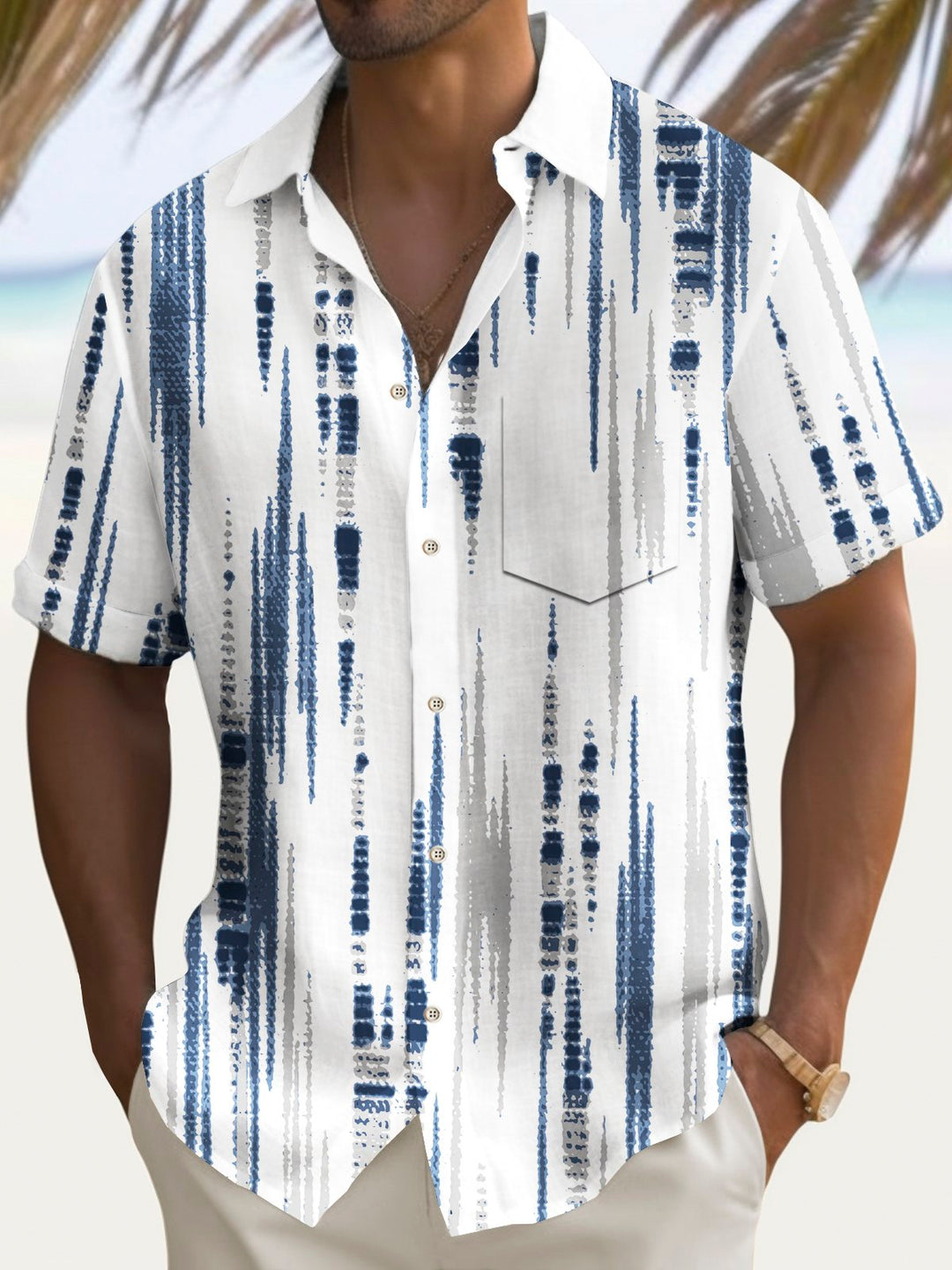 Alohadaddy Vintage Abstract Stripe Print Chest Pocket Shirt Plus Size Men&