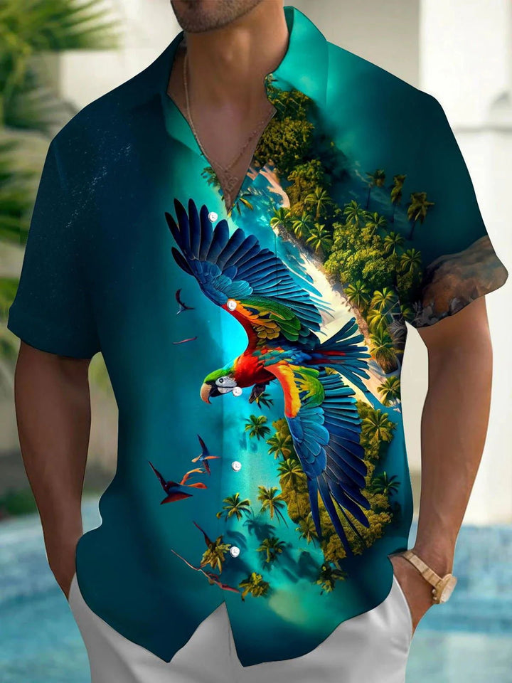 Camisa hawaiana para hombre Alohadaddy Beach Vacation con estampado de loros y bolsillo para acampar, talla grande