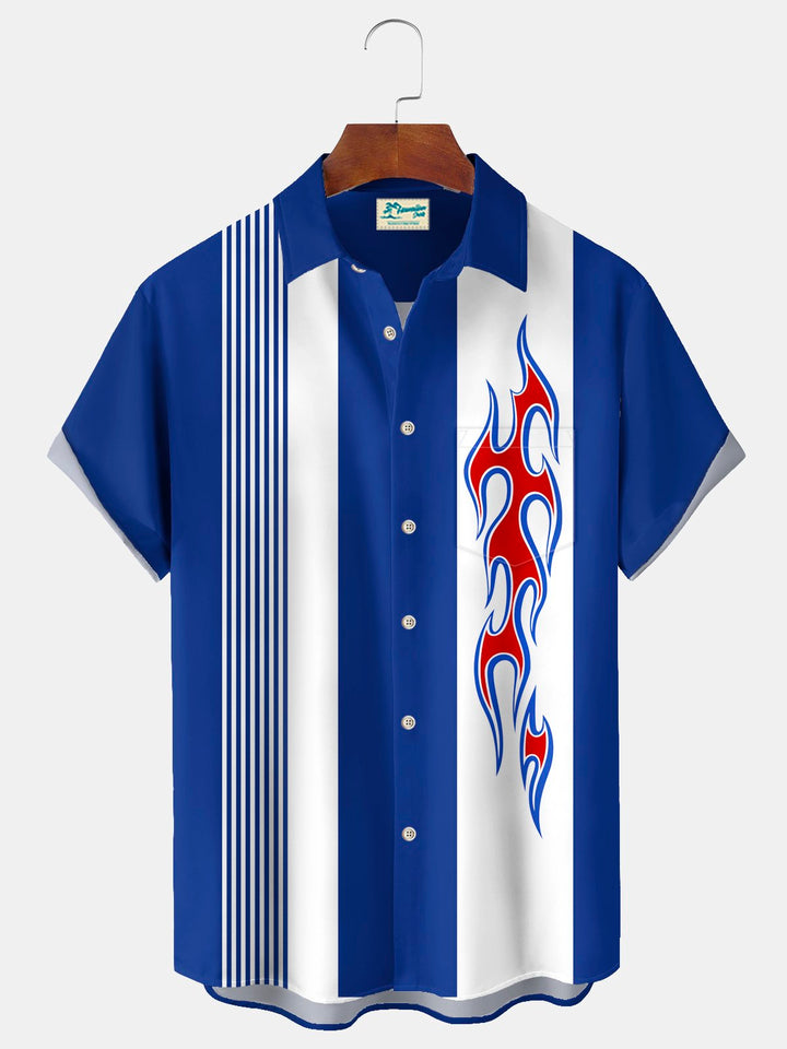 Alohadaddy Vintage Bowling Flame Print Chest Pocket Shirt Plus Size Men&